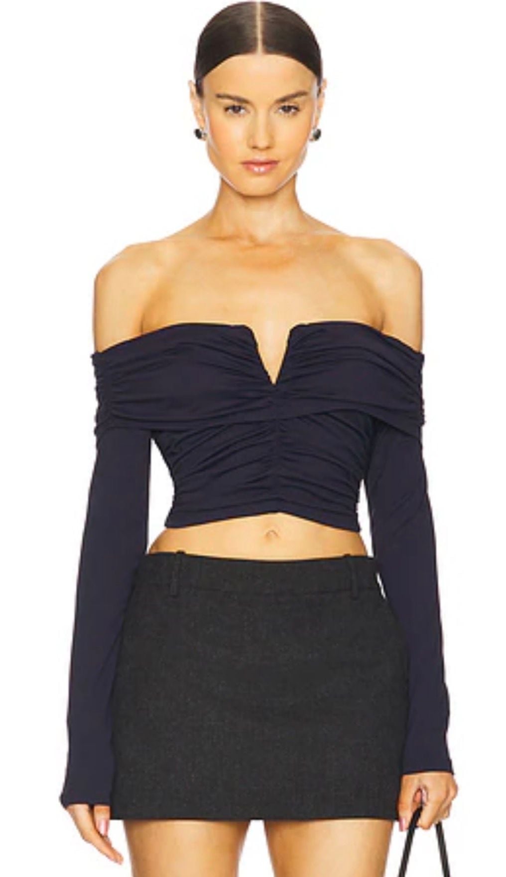 Susana Monaco Off-Shoulder Long Sleeve V-Wire Ruched Crop Top